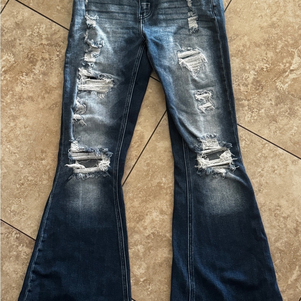 KanCan Distressed Flare Jeans in Dark Blue